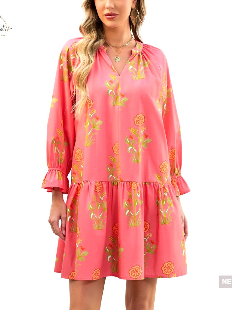 Boho Floral Mini Dress Long Sleeve V Neck Puff Tiered Beach Vacation